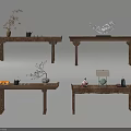 Wooden Console Tables Displaying Decorative Vases Fruit Tea Sets And Ornaments 3d model