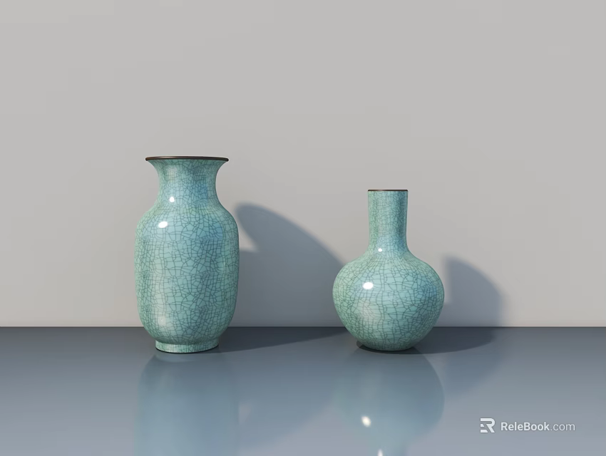 Light Blue Green Vases With Cracked Texture Tall Round Shape On Grey Surface 3d model 