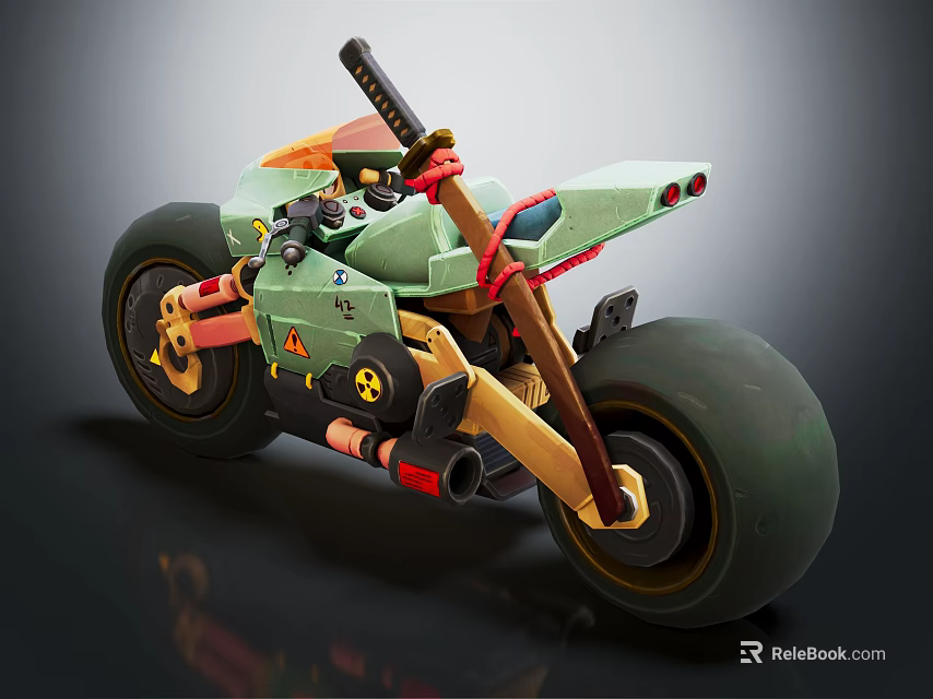 Futuristic Motorcycle With Green And Red Body Accents Blade Like Components And Large Wheels 3d model 