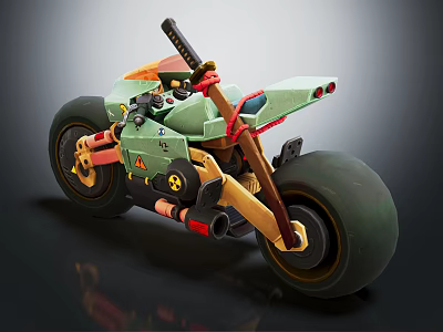 Futuristic Motorcycle With Green And Red Body Accents Blade Like Components And Large Wheels 3d model