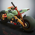 Futuristic Motorcycle With Green And Red Body Accents Blade Like Components And Large Wheels
