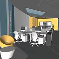 Modern Public Office Space With Work Desks Computers Blue Yellow Walls And Linear Lights
