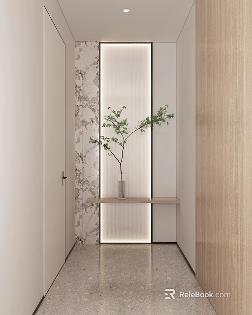 Minimalist Foyer Passageway With Decorative Wall Wooden Shelf And Greenery 3d model 