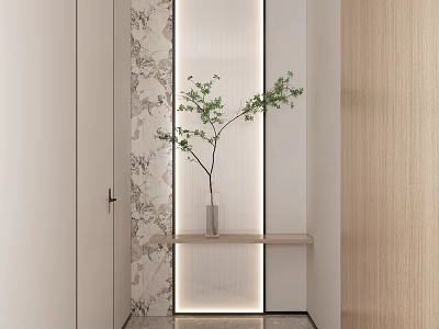 Minimalist Foyer Passageway With Decorative Wall Wooden Shelf And Greenery 3d model