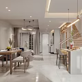 Modern Living And Dining Room Interior With Sofa Dining Table Pendant Lights And Rug