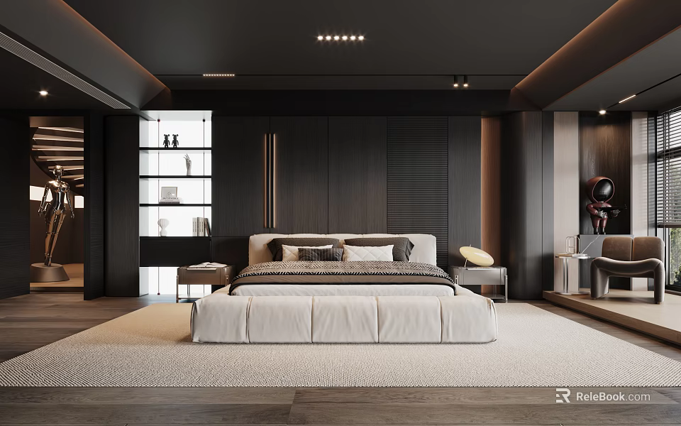 Modern Dark Bedroom Interior With White Bed Dark Walls And Ceiling Lights 3d model