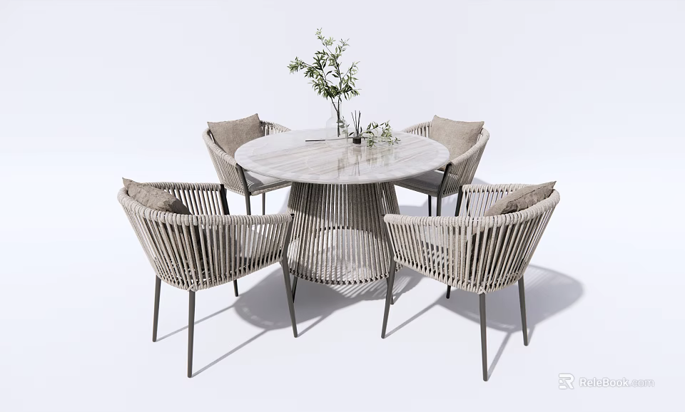 Round Rattan Outdoor Table with Four Chairs and Vase Plant Decoration 3d model 