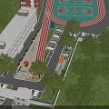 Modern School Building With Basketball Court Track Parking Lot And Lush Green Trees