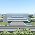 Modern Entrance Gate Featuring Wavy Structure With Stone Pathway Near Water And Greenery