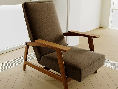 Modern Brown Lazy Sofa Interior With Wooden Armrests And Fabric Upholstery 3d model