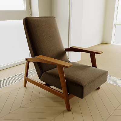 Modern Brown Lazy Sofa Interior With Wooden Armrests And Fabric Upholstery 3d model