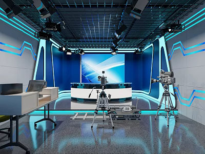 Professional Modern Monitoring Room with Multiple Screens Control Console Cameras Lighting Blue White Color Scheme 3d model