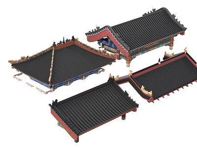 Antique Chinese Traditional Architectural Roof Styles With Black Tiles Red Eaves And Ornamental Details 3d model