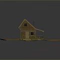 Rustic Wooden Cabin With Tiled Roof Chimney And Window On Hay Covered Ground