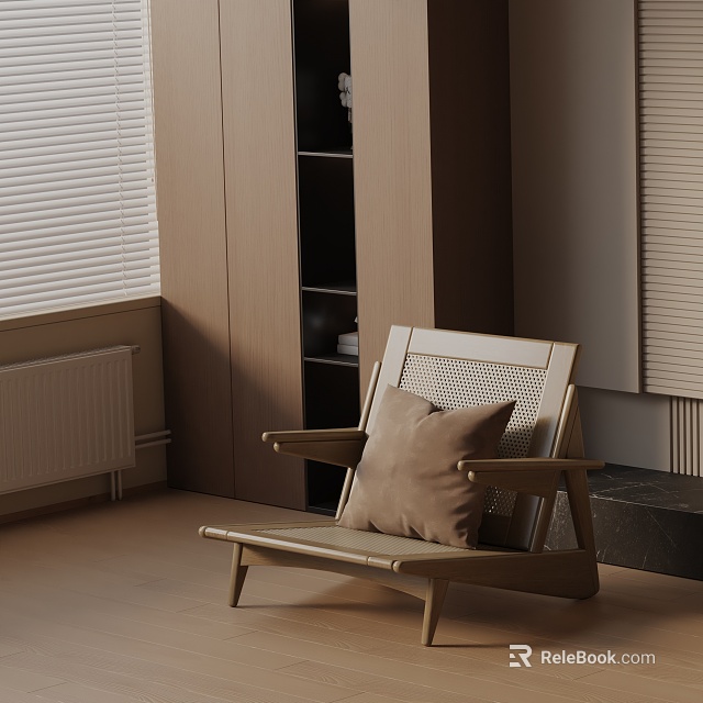 Modern Minimalist Lounge Chair With Wooden Frame Rattan Backrest And Brown Cushion In Indoor Corner 3d model 