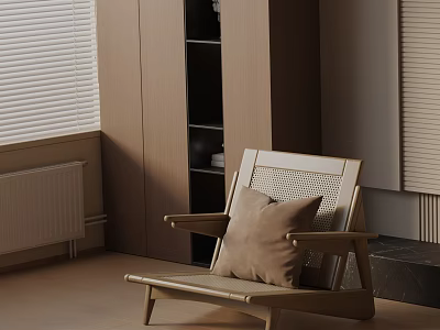 Modern Minimalist Lounge Chair With Wooden Frame Rattan Backrest And Brown Cushion In Indoor Corner 3d model