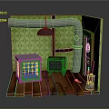 Vintage Room Corner With Green Patterned Wallpaper Silver Pipes Wooden Floor Metal Cage Radio Lantern
