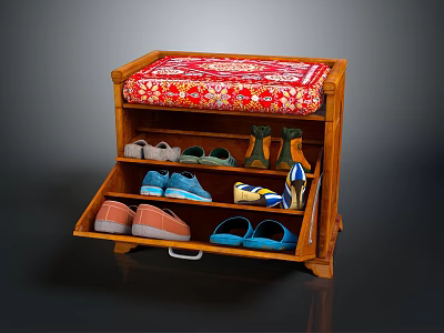 Wooden Shoe Bench With Red Patterned Cushion And Multiple Shelves Storing Various Shoes 3d model