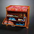 Wooden Shoe Bench With Red Patterned Cushion And Multiple Shelves Storing Various Shoes