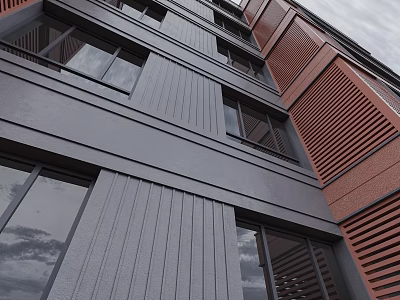 Modern Residential Building Exterior With Gray Red Cladding Large Windows And Ventilation Louvers 3d model