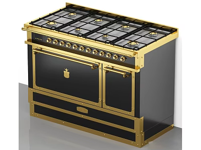 Black And Gold Kitchen Stove With Multiple Burners And Control Knobs 3d model