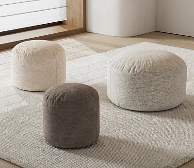 Three Round Fabric Poufs in Beige Light Beige and Brown for Living Room 3d model