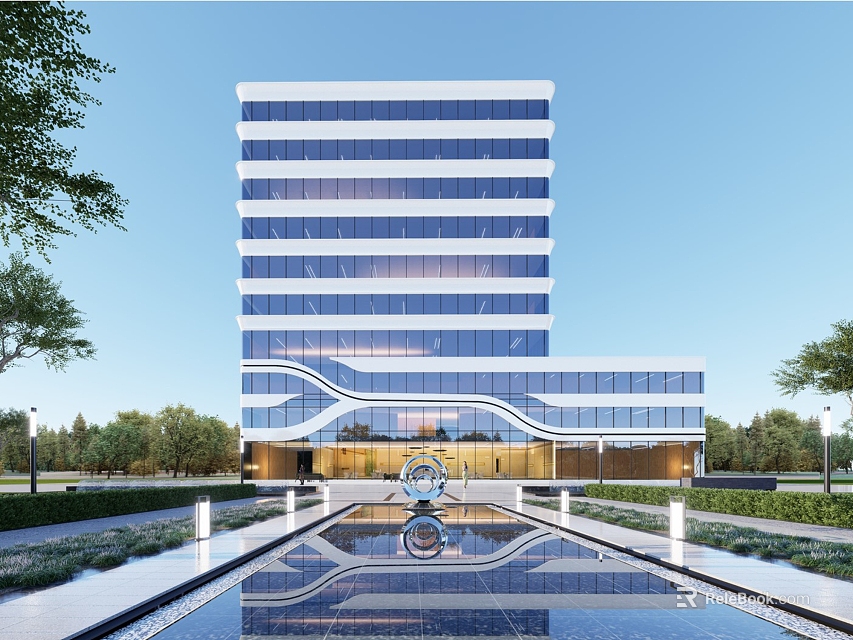 Modern High Rise Office Building Featuring Glass Curtain Walls Water Fountain And Landscaping 3d model 