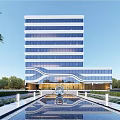 Modern High Rise Office Building Featuring Glass Curtain Walls Water Fountain And Landscaping