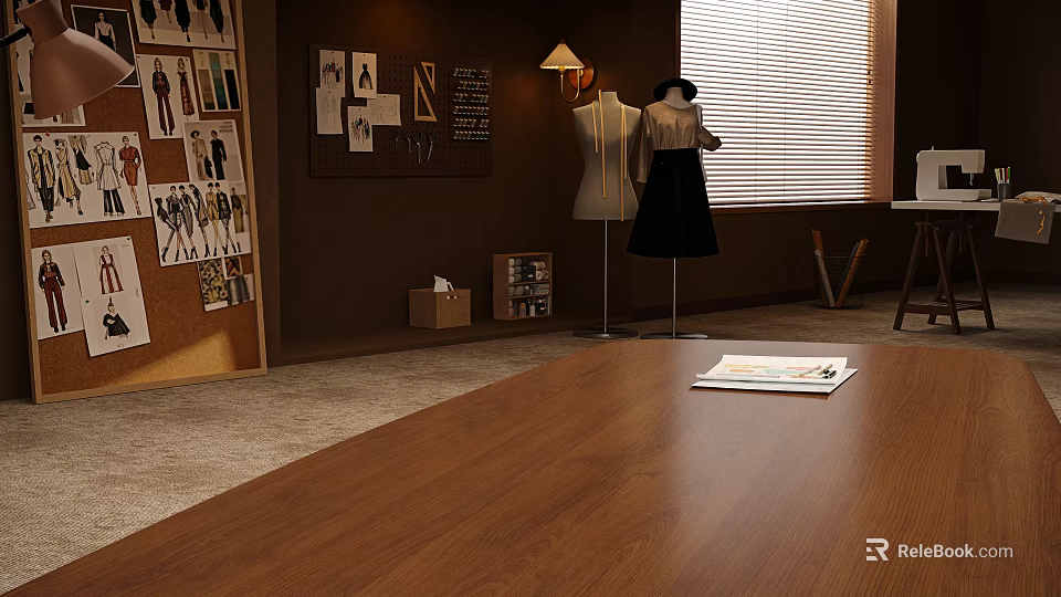 Design Studio Interior With Corkboard Sketches Mannequin Black Dress And Wooden Table 3d model 