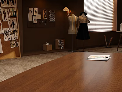Design Studio Interior With Corkboard Sketches Mannequin Black Dress And Wooden Table 3d model