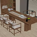 Traditional Tea Room Interior With Wooden Table Chairs Tea Set Bookshelf And Window Blinds