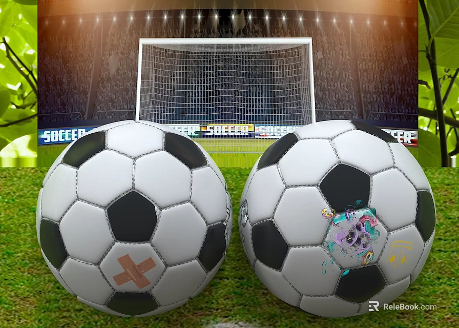 Two Soccer Balls On Green Grass With Football Goalpost And Audience 3d model 