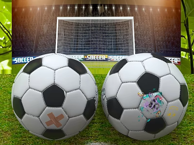Two Soccer Balls On Green Grass With Football Goalpost And Audience 3d model