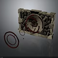 Architectural Stone Wall With Red Spiral Design And Decorative Circular Elements