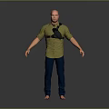 Bald Head Man Wearing Green Shirt Black Fanny Pack Blue Pants Barefoot Gray Background