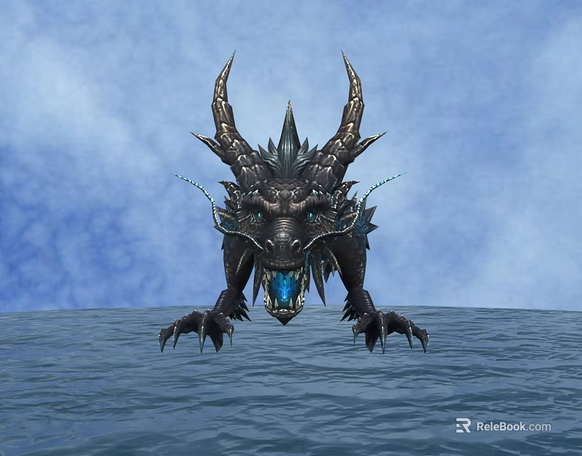 Game Movie Mythical Dragon Character with Dark Scales Horns Blue Glowing Eyes on Water 3d model 