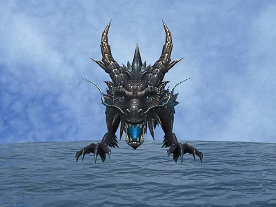 Game Movie Mythical Dragon Character with Dark Scales Horns Blue Glowing Eyes on Water 3d model