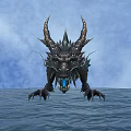 Game Movie Mythical Dragon Character with Dark Scales Horns Blue Glowing Eyes on Water