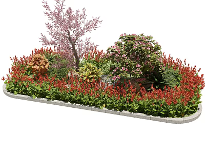 Roadside Flower Bed With Colorful Plants Red Flowers Green Shrubs Pink Tree And White Border 3d model