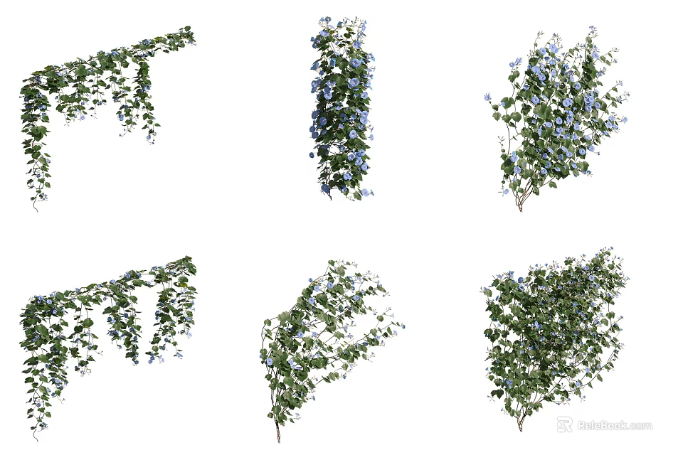 Decorative Vines with Green Leaves and Purple Flowers in Hanging Climbing Shapes 3d model 