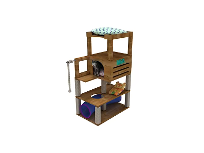 Multi Level Wooden Cat Tree With Platforms Hanging Rope And Resting Area 3d model