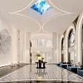 Modern Luxury Hotel Lobby Interior Design With Stunning Artistic Chandelier And Polished Marble Mosaic Flooring