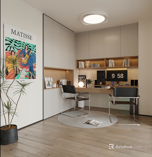 Modern Home Office Interior Design With Matisse Poster Cabinet Bookshelf Desk Chairs Plant And Rug 3d model 