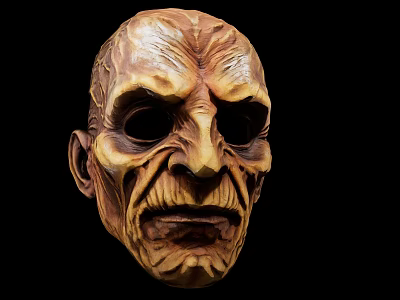 Wooden Carved Scary Face Decorative Ornament Set With Detailed Texture And Dark Background 3d model