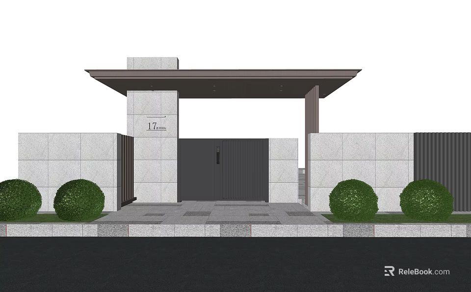 Modern Entrance Gate With Gray Stone Walls Black Metal Door And Green Shrubs 3d model 