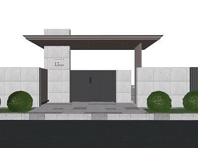 Modern Entrance Gate With Gray Stone Walls Black Metal Door And Green Shrubs 3d model
