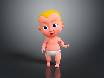 Cute Blonde Hair Baby Doll In White Diaper Standing On Dark Background 3d model