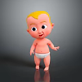 Cute Blonde Hair Baby Doll In White Diaper Standing On Dark Background