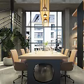 Contemporary Conference Room With Large Windows Wooden Table Orange Chairs Green Plants And Pendant Light