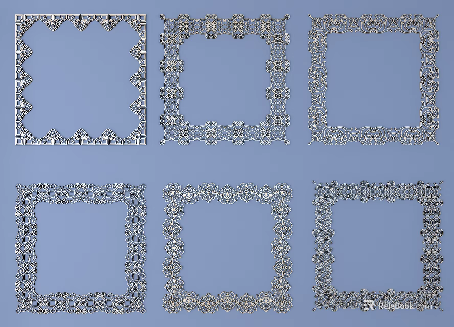 Intricate Carved Metal Frames With Various Decorative Patterns On Blue Background 3d model 